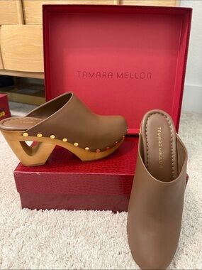 Tamara Mellon Brown Leather Sculpted Heel Clog Mules